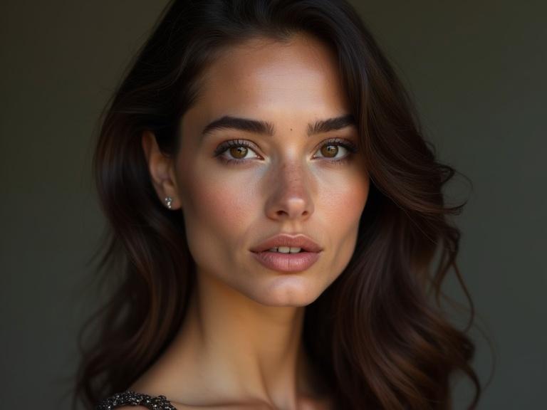 Photorealistic portrait of an impressive woman with Mediterranean heritage. Oval face, defined yet feminine jawline. Almond-shaped, dark brown eyes with an intense gaze. Straight, narrow nose. Medium thickness lips with defined Cupid's bow. Thick, straight eyebrows with a slight arch. Medium olive skin tone with warm undertones. Long, dark brown, straight hair with a center parting. Elegant and magnetic style. Soft lighting, neutral or sophisticated Mediterranean background. Refined, understated clothing with a classical contemporary feel.