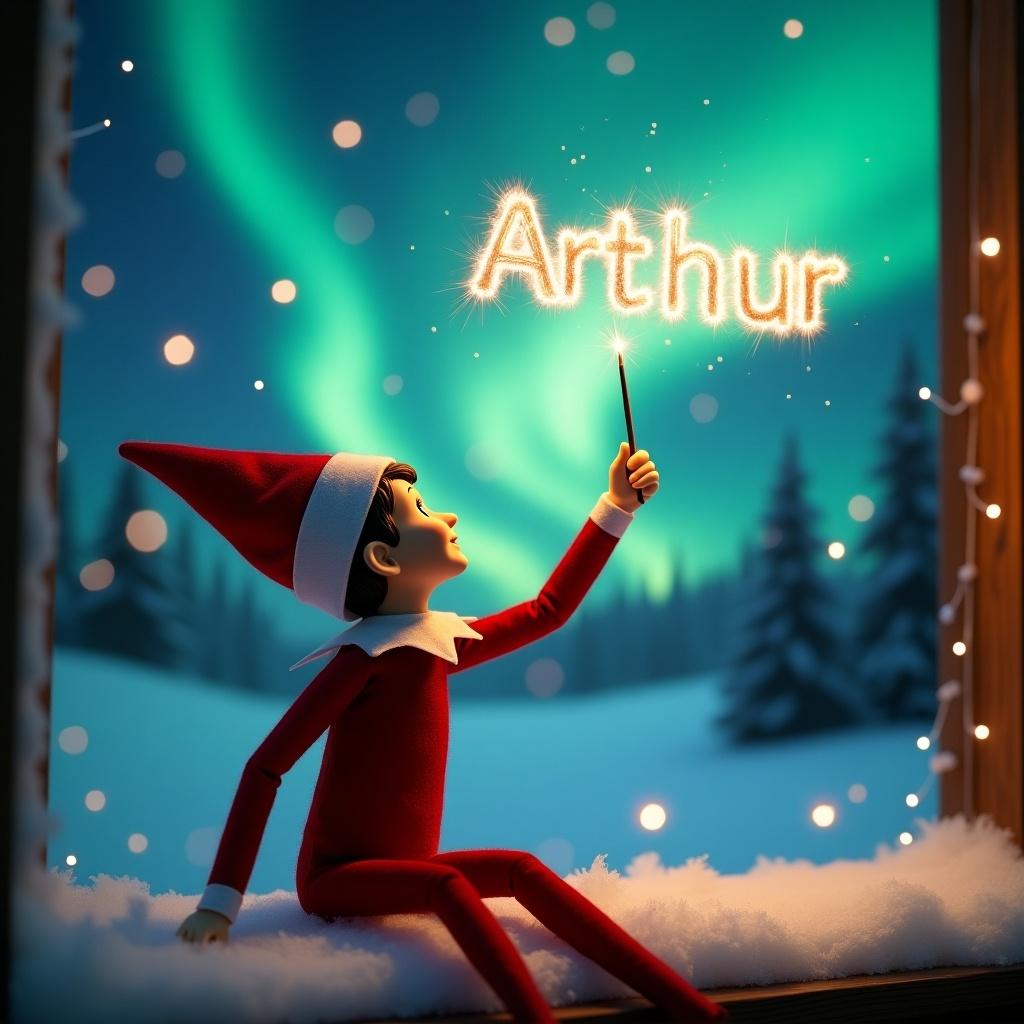 This image captures a charming scene featuring a girl elf on the shelf. The elf is dressed in a classic red outfit and is positioned with its back to the viewer. It gazes upwards towards a captivating sky illuminated by vibrant northern lights. In one hand, the elf holds a magic wand, which it uses to elegantly write the name Arthur in sparkling letters above. The snowy ground enhances the serene and magical atmosphere of this holiday moment.