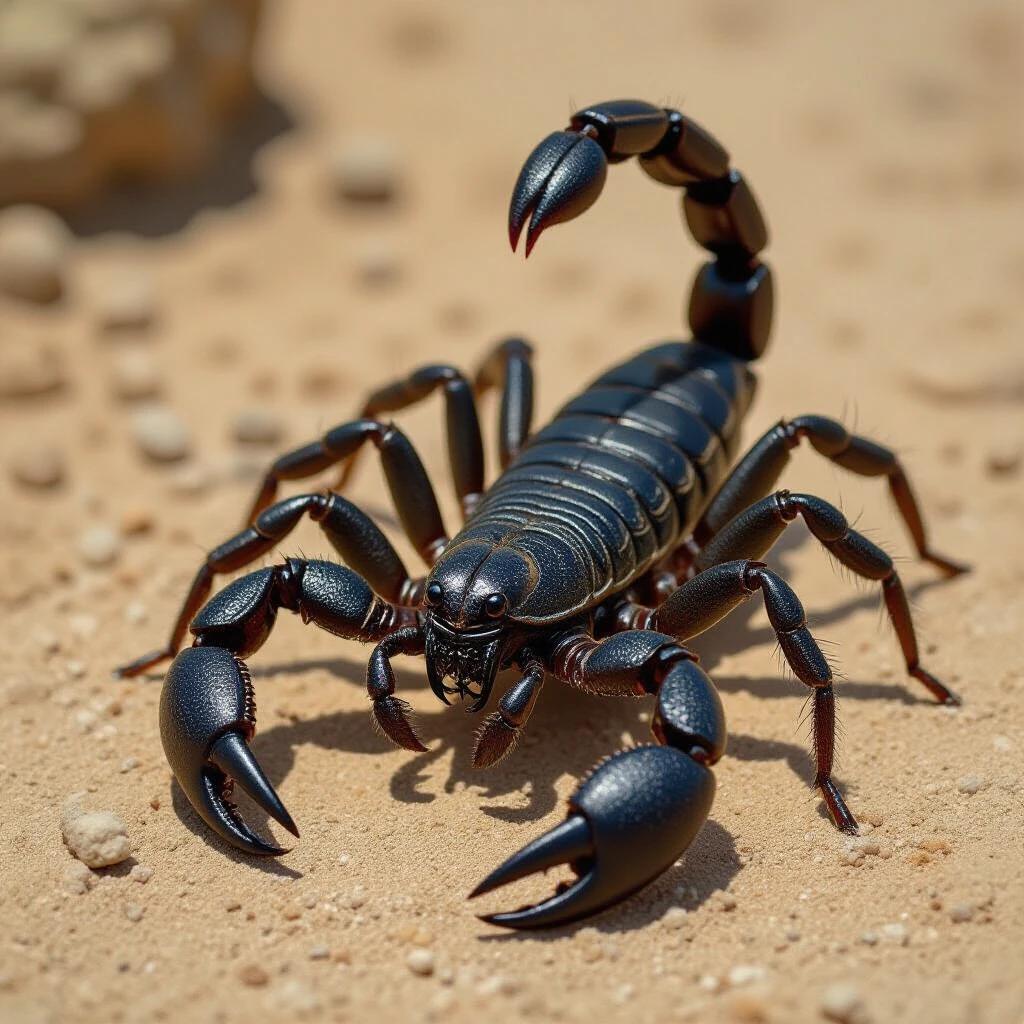 Close-up image of a black scorpion on sand. Scorpion missing legs as it usually has six legs behind it. Details of its texture and claws are visible.