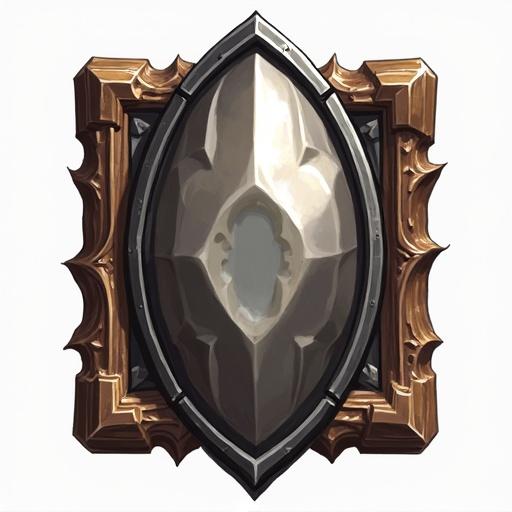 Icon of a rare shield in silver, white, brown, and black colors. Designed for a card game. Styled like World of Warcraft. Icon size is 48x48 pixels. Transparent background.