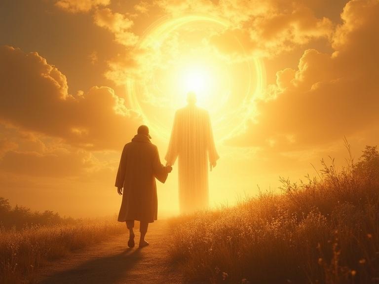 Enoch walking with a radiant abstract figure through a peaceful landscape in soft golden light, 9:16 aspect ratio.