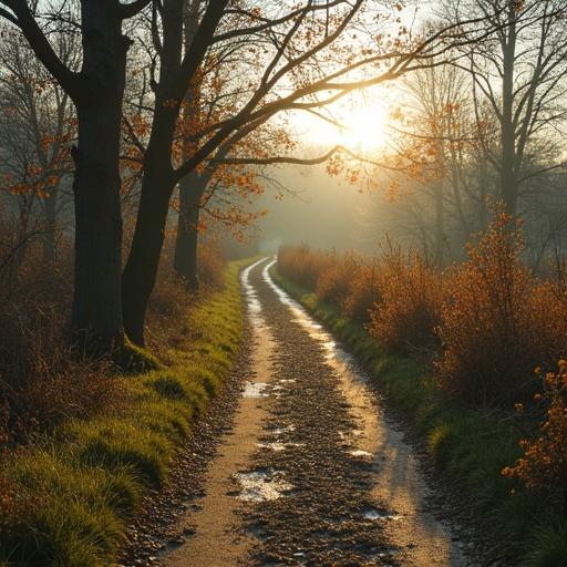 A dirt path winding through a misty forest at sunrise. Trees on either side with sunlight peeking through. The ground is slightly damp and textured. A calm and serene atmosphere.