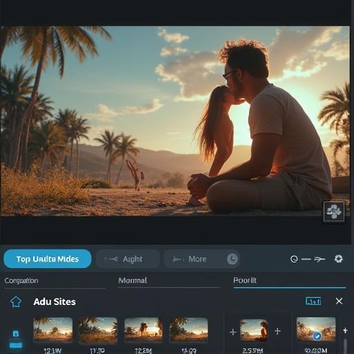 Sunset scene with a couple in love standing on a beach with palm trees around. Warm light illuminates the surroundings creating a romantic atmosphere. Beach setting includes a mountain background.