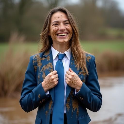 Jubilant photography of a woman in a muddy farm setting. She has a radiant smile. Her face is dripping with mud. Standing knee deep in a mud puddle. Playing in mud while wearing a shiny blue azur satin business suit. The mud is splattered on her clothing and face. Her hands touch her blue tie. She embraces the messy situation joyfully.