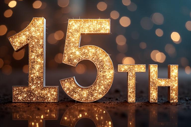 Sparkling glittery number representing 15th celebration. Soft bokeh background enhances festive feel. Ideal for invitations or decorations.