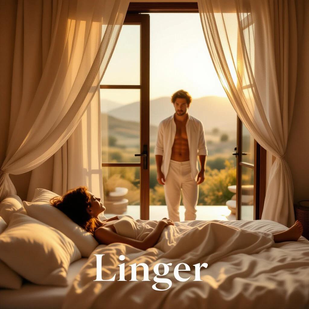 Couple entangled in dreamlike weekend retreat. Ana lies on sun-drenched linens. Hoult stands in doorway. Golden dusk leaks through window.
