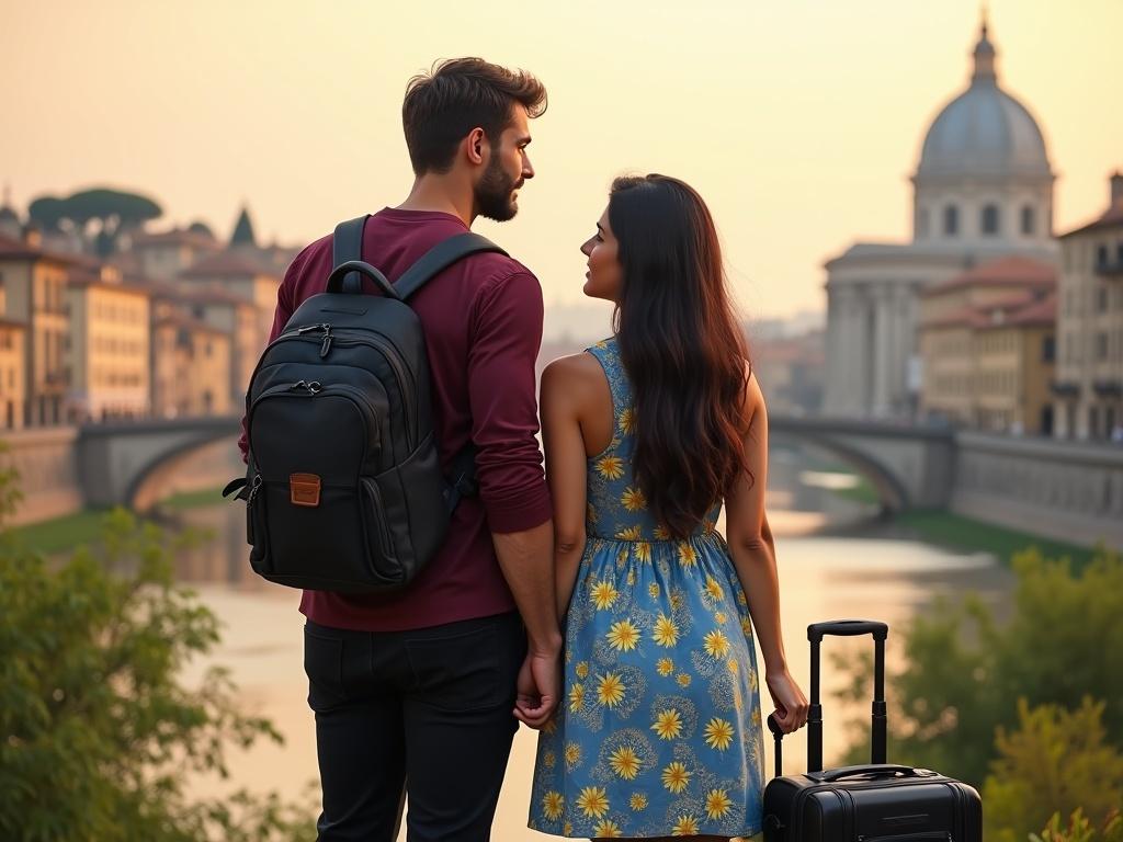 The image features a couple standing together in a picturesque setting that evokes a romantic vibe. The man is wearing a maroon shirt and black pants, with a black backpack slung over one shoulder. He is holding a suitcase with a handle in his right hand. The woman beside him has long, dark hair and is dressed in a blue dress adorned with yellow flowers. They are gazing towards a scenic background that showcases landmarks reminiscent of Italian architecture, including domes and bridges over water. The color palette is warm and inviting, with hues of orange and green, suggesting a sunset atmosphere. The foreground includes icons representing travel, indicating a theme of exploration and adventure.