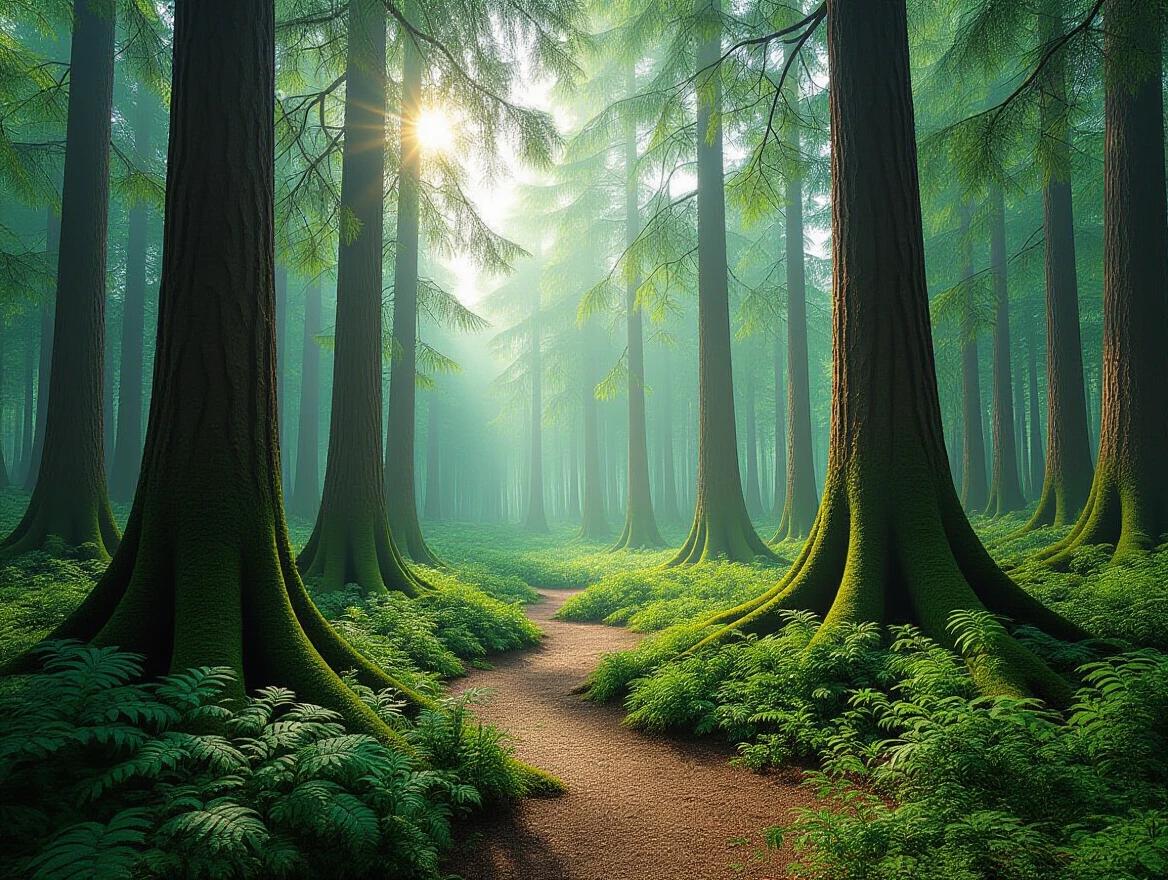 High-definition panoramic view of a fantasy forest. Tall green trees surround a dirt path. Sunlight filters through the leaves creating a mystical atmosphere. Lush ferns cover the ground. A serene and tranquil environment inviting exploration.