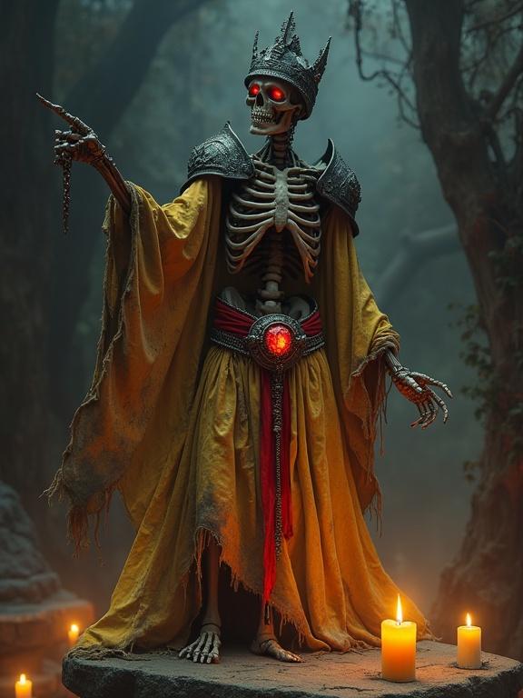 A powerful lich skeleton hovers above a stone pedestal surrounded by candles. It has glowing red eyes and wears a spired crown. Its shoulder plates expose ribs. The skeleton's long tattered yellow skirt is paired with a dirty red sash. An intricate red gem pendant hangs around its neck. One arm reaches forward, pointing at a magical spell being created.