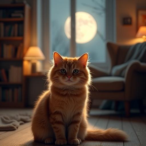 Highly realistic photo of a fluffy ginger cat sitting on the floor in a cozy room. Cat looks at the camera with a sly grin and half-closed eyes. Soft moonlight illuminates its face. Room has warm lamplight bookshelves and an armchair. Cinematic style with depth of field and low-key lighting.