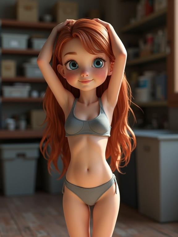 A cute tween girl with auburn hair poses in a gray bikini. She has blue eyes and freckles. Her arms are raised above her head. The setting is a cluttered storage room with natural light.