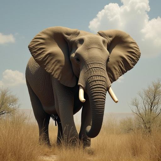 Elephant standing in tall grass under a blue sky. Elephant with large ears and tusks. Background includes small trees and clouds. Elephants are among the largest land mammals found in savannas.