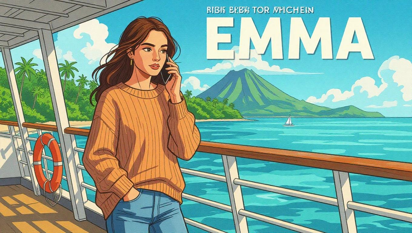 A realistic comic-style illustration featuring a young woman named Emma by a ferry railing. She appears to be 23 years old and is talking on her phone while wearing a loose oversized sweater and jeans. The sea and a tropical island with a volcano are visible behind her. The lighting is bright with midday sun. The atmosphere is reflective and anticipatory.
