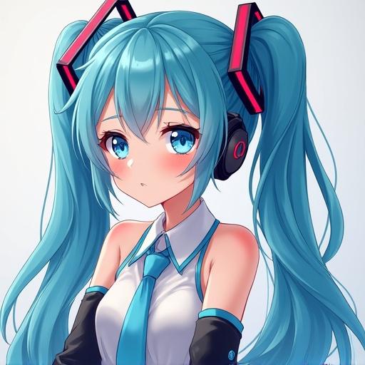 Chica anime con cabello azul y auriculares. Ella tiene ojos grandes y una expresión pensativa. El fondo es claro y simple.