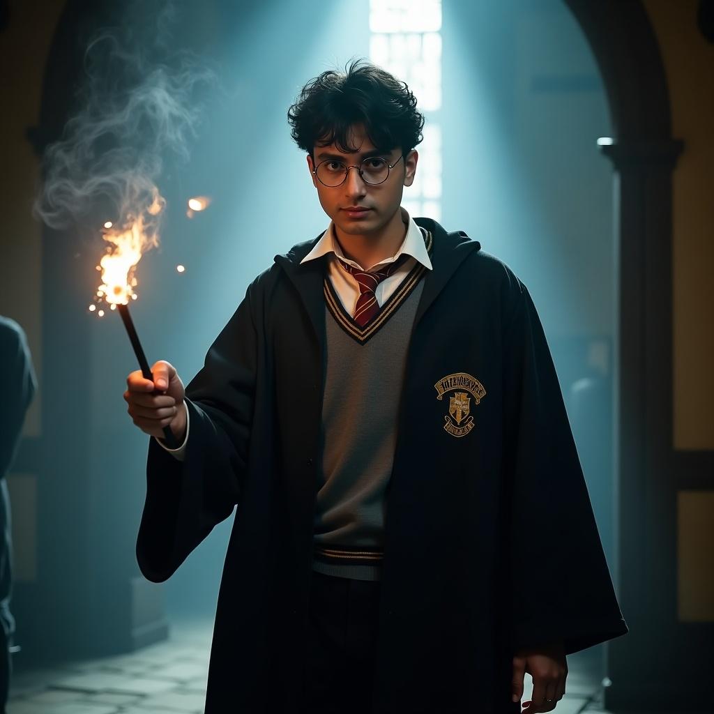 A young man dressed as a wizard stands confidently inside a castle. He holds a sparkler that emits magic-like sparks. Elegant robes with a crest mark him as a student of a magical school. The scene has a mysterious ambiance with beams of light illuminating him.