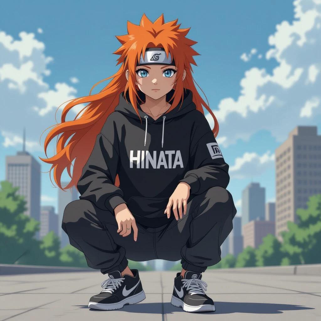 Anime character with orange hair wears black hoodie and joggers. Character poses in a squatting position. Cityscape background under blue sky. Focus on hip hop style attire.