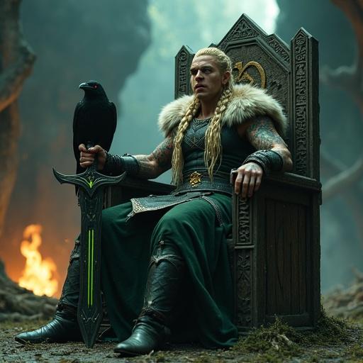 Cinematic portrait of a fierce Viking warrior queen seated on a rune-carved throne. Massive stone and wood throne overgrown with roots with glowing Norse symbols. Queen with aggressive posture, eyes sharp and glowing with rage. Dark green armored gown with fur trim, muscular arms decorated with glowing tattoos. Cloak resembling a defeated beast's pelt. Long blonde hair braided with beads and feathers. Black raven perched on throne. War paint on face, snarl of battle pride present. Smoky longhouse with flickering firelight.