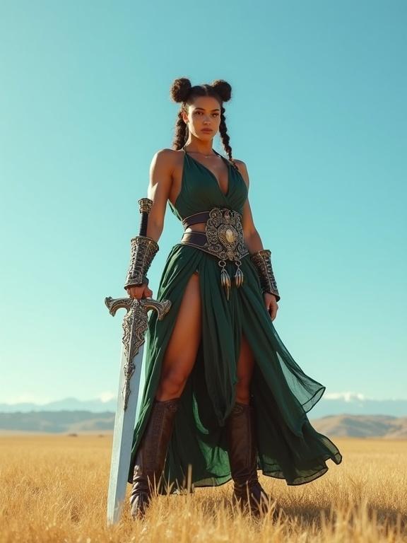 Warrior woman standing in open field beneath blue sky. Dressed in dark green tunic and high boots. Holds ornate sword with both hands. Muscular arms adorned with bracers. Long hair styled in twin buns. Low-angle camera perspective. Background features golden grassland stretching to horizon. Bright natural lighting suggests midday.