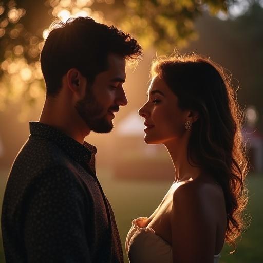 Man and woman in a romantic moment during sunset. Couple facing each other with smiles. Soft golden light creating a warm atmosphere. Intimate and affectionate feeling between them.