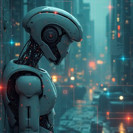 A humanoid robot is resting against a wall. The robot has intricate details and a futuristic design. The background depicts a blurred urban environment with glowing digital elements. A sense of loneliness and reflection is captured in the robot's posture.