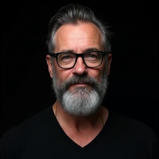 Digital portrait of a middle-aged man with a gray beard. He wears black-framed glasses and a black V-neck shirt. The background is black. The image has high-resolution textures and realistic lighting.