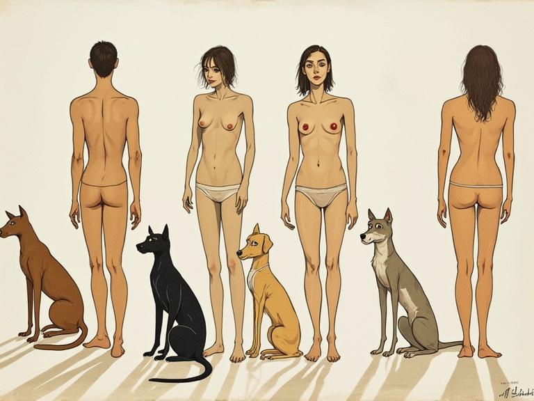Artistic representation of humans and dogs in a minimalist style. Figures depicted in a frontal view. Dogs of various breeds standing beside human figures. Captures the characteristics of both species. In the style of S L Lowry.