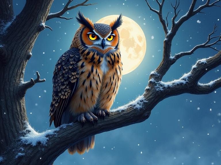 A wise dusky owl perched on a gnarled ancient oak branch in moonlight. The owl's eyes reflect the quiet mystery of a winter night. Artwork features expressive watercolor techniques and cinematic stylization.
