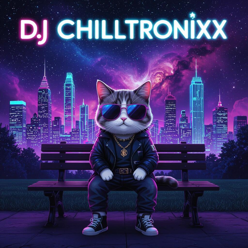 Cute cat in stylish clothes and sunglasses sitting on a park bench under a dark nebula sky. Wild neon megacity background. Artistic album cover featuring DJ Chilltronixx.