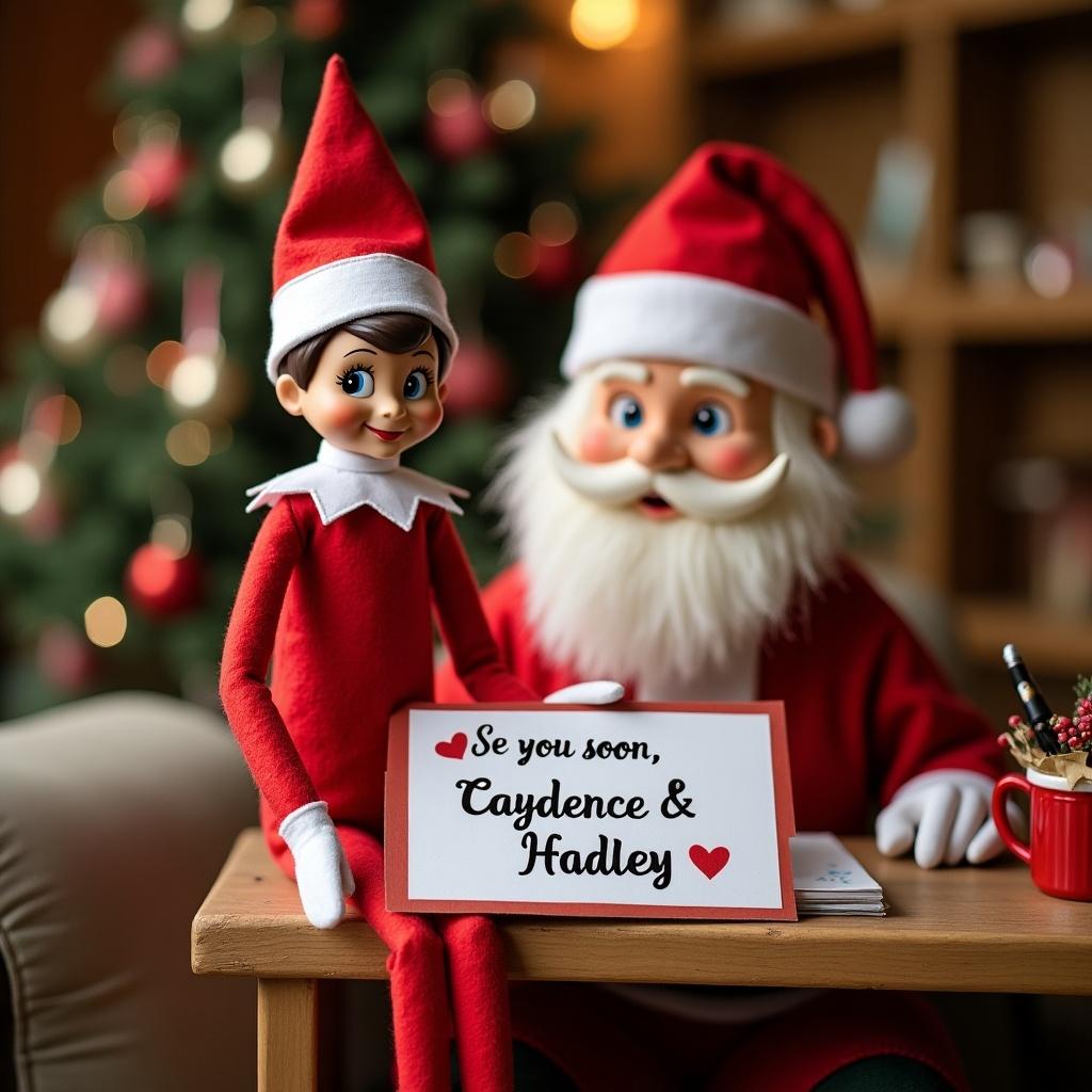 Elf on a shelf with Santa in a workshop writing and holding a sign that says 'See you soon, Caydence & Hadley!' Extra festive atmosphere.