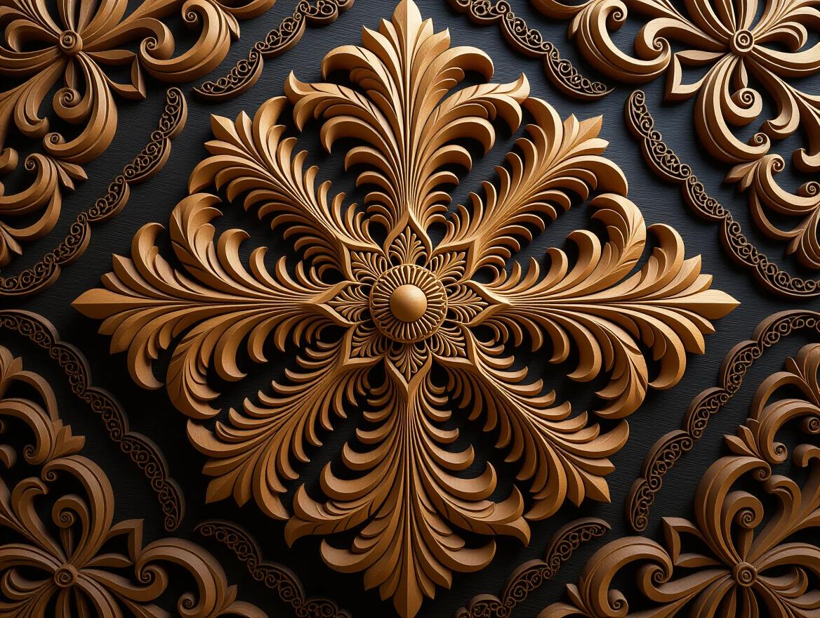 Closeup of intricately carved wooden art. Dark background with flames. Textured floral motifs with tribal influences. Highly detailed and contrasted. 3D octane effect.