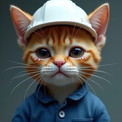 A semi-realistic cat with teary eyes wearing a white hard hat and blue work jacket. The cat has a sad expression with tears streaming down its cheeks and a quivering lower lip.