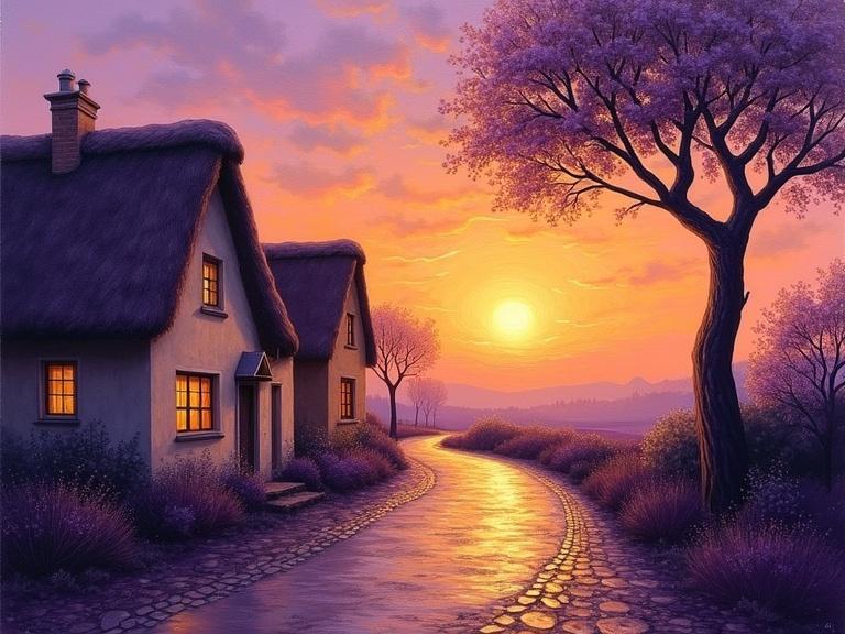 An oil painting shows a serene impressionistic village road at sunset. The scene has a winding cobblestone path lined with quaint cottages. The cottages are decorated with thatched roofs. The setting sun glows in warm orange light. The sky features swirls of orange and purple. A tall tree with a rounded canopy stands to the right. The overall atmosphere is tranquil and charming.