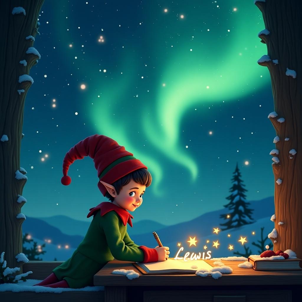 This image depicts a joyful elf writing in a notebook beneath the stunning northern lights. The elf is wearing a festive red and green outfit, complete with a pointed hat. Around the elf, the enchanting glow of the auroras illuminates the snowy scene, creating a magical atmosphere. Snowy trees and distant hills form the backdrop, enhancing the wintery setting. The notebook contains the name 'Lewis', as if the elf is composing a special message. This charming depiction captures the spirit of the holiday season.