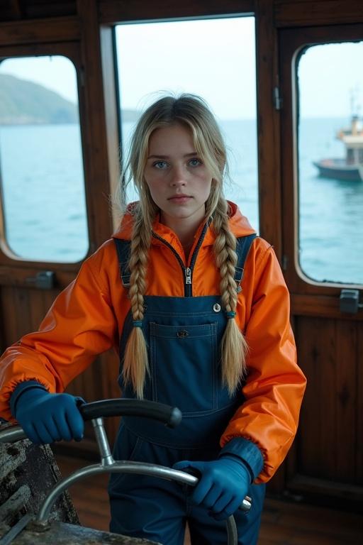 Young woman with long blonde hair in pigtails piloting an old fishing boat. She wears an orange raincoat and navy blue fisherman's dungarees and gloves. Background features a vast cold sea and a fishing harbor on an arctic island.