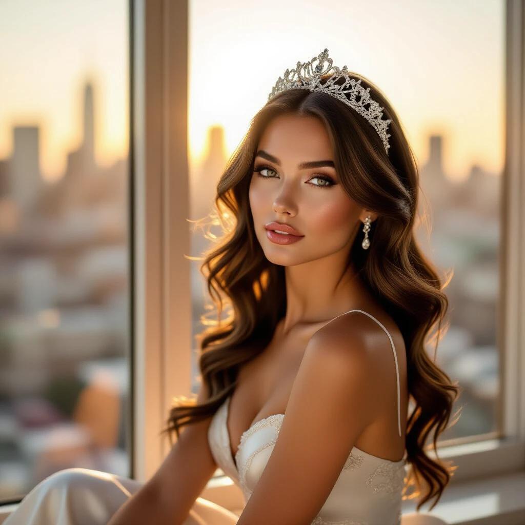 A woman poses gracefully with long curls. Soft golden light filters through a window. A tiara adorns her hair. The city skyline is faintly visible in the background. She has a sophisticated and intimate pose. Her attire is elegant and contrasts with warm tones.