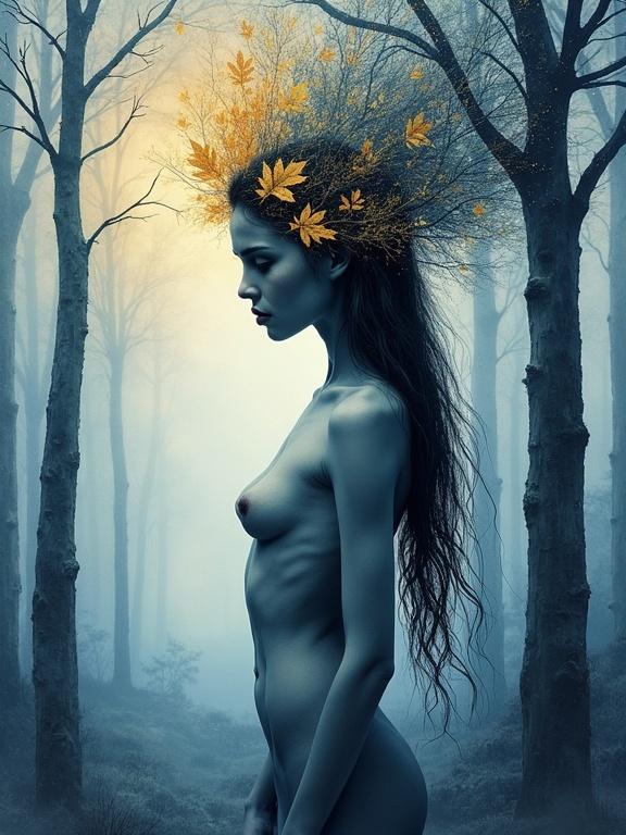 Surreal watercolor and mixed-media painting shows a nude woman in profile. Her form blends with a misty forest backdrop. Soft blues and grays dissolve into tree trunks. Delicate golden leaves create an ethereal crown around her head. Bare tree silhouettes rise behind her. Long hair flows upwards merging with a deep navy night sky filled with stars. Fluid gradients and fine lines enhance the dreamlike atmosphere.