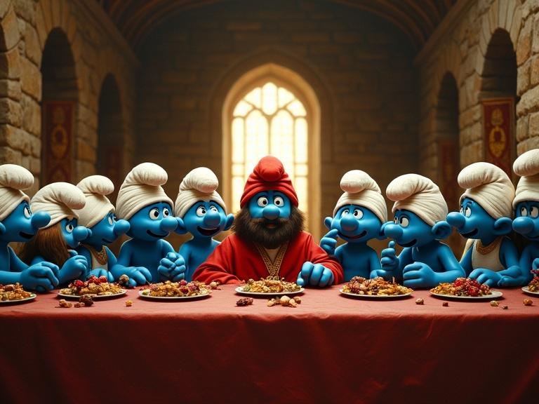 Hyper-detailed cinematic reinterpretation of The Last Supper with Smurfs. Scene inside medieval hall with high windows. Papa Smurf in the center wearing red hat and robe. Eleven Smurfs around him acting as apostles with emotional poses. Table covered with rustic food like berries and nuts. Background has warm frescoes and chiaroscuro shading. Composition mimics da Vinci's original layout with exaggerated expressions and whimsical clothing.