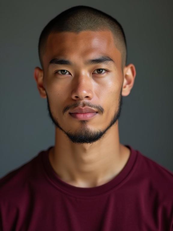 Studio portrait photograph of a young Philippine man with bright green eyes. Shaved beard closely shaved head. Wears burgundy colored t-shirt matching good complexion.