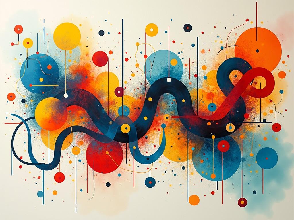 A dynamic and colorful abstract art piece featuring a mix of circles, lines, and splashes of color with a flowing black wavy line through the center. The composition uses a bright color palette of blue, orange, red, yellow, and black, evoking a sense of movement and creativity in a modern design.