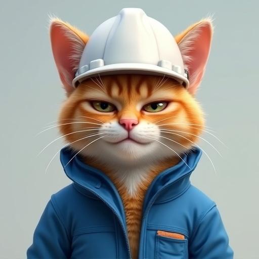 A semi-realistic cat wears a white hard hat and a blue work jacket. The cat has a smug expression with half-closed eyes and a slight grin. One eyebrow is raised, showcasing a proud stance.