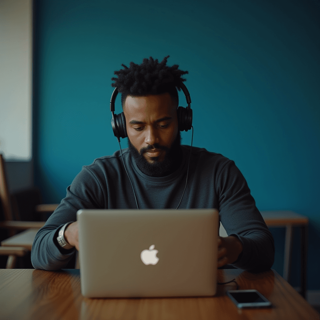 A person deeply engaged with his laptop, wearing headphones, in a modern workspace with a blue wall background.