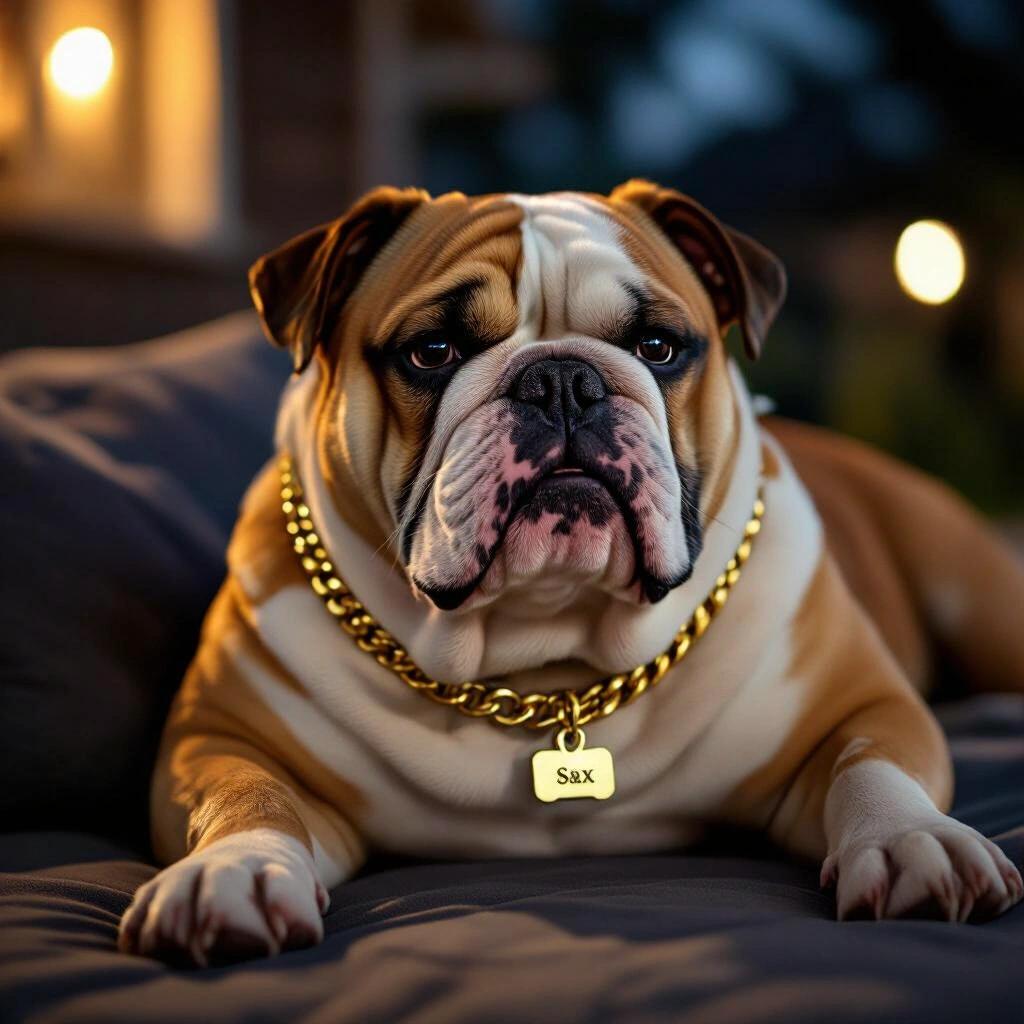Dark raw photo of a fat bulldog relaxing outdoors at night wearing a gold chain with a name tag that reads SAX