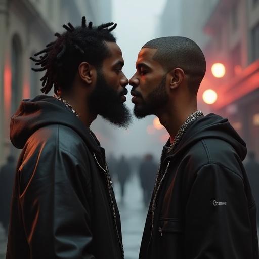 Two male figures with similar features face each other intensely. Their expressions show disdain. They wear similar dark jackets. The background has soft city lights and fog.