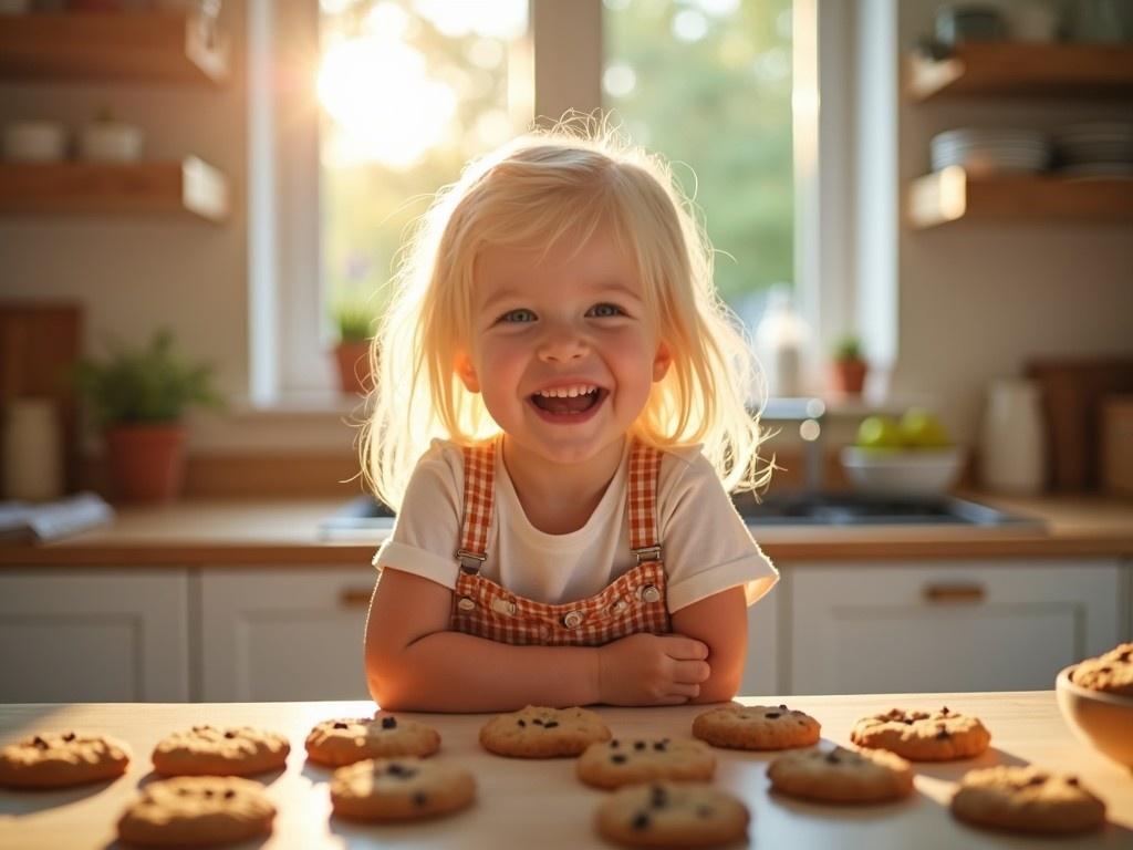 A cheerful young child with blonde hair stands at a kitchen counter, smiling excitedly. The counter is filled with freshly baked cookies, looking delicious and inviting. Warm sunlight pours into the cozy kitchen, illuminating the scene with a gentle glow. This moment captures the joy of baking and the anticipation of enjoying yummy treats. The child’s excitement radiates happiness, making this a heartwarming image of family time.