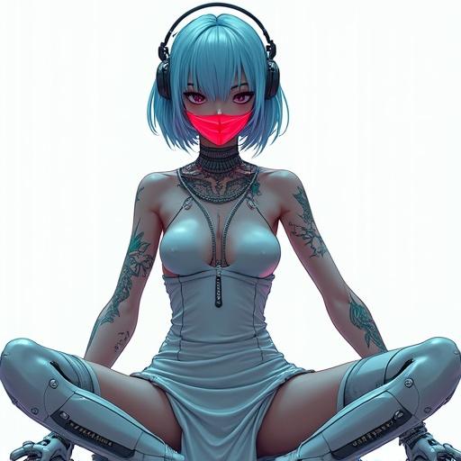 A visually striking character from outer space with light blue bob hair and robotic eyes. She wears a futuristic sleeveless mini skirt dress complemented by thigh high boots and arm covers. A vivid red mask extends from her nose to neck. Sitting pose with legs spread, featuring biomechanical details. Background includes holographic overlays in a white void.