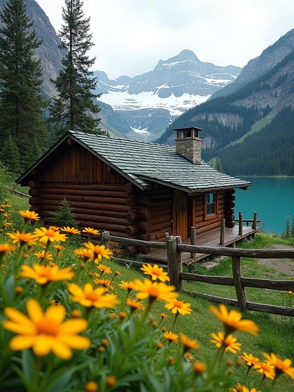 Beautiful log cabin by a mountain lake with a vibrant floral foreground and majestic peaks in the background. The cabin is rustic with rich wood and a stone chimney. Bright golden-yellow flowers grow in clusters along a wooden fence surrounded by lush greenery. Deep turquoise lake reflects the serene sky and towering mountains.