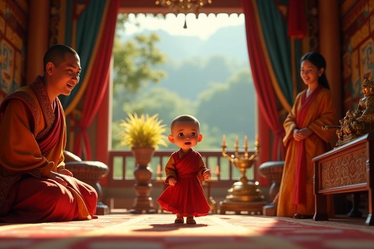 Vibrant ultra-HD 4K 3D scene inside a Tibetan household. Young child wearing simple robes plays joyfully surrounded by ornate wooden furniture and golden statues. Wealthy parents smile in intricate Tibetan attire. Warm candlelight creates soft shadows. Lush green valley visible outside. Textures on fabrics and glowing VFX for candle flames.