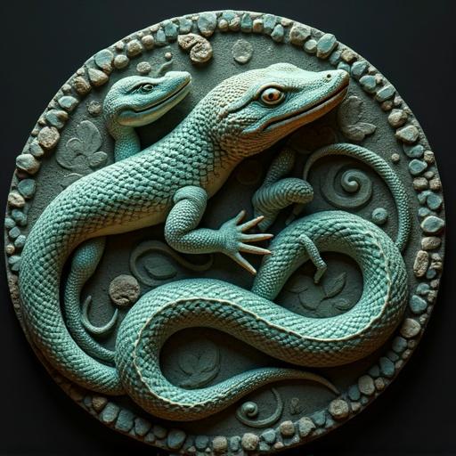 Circular disk artwork features lizards and snakes in an Escher-inspired hyperbolic style. Colors include teal and gray. The design incorporates relief sculpture techniques. Focus on the interaction between the two lizards and the snake intertwined within organic patterns.