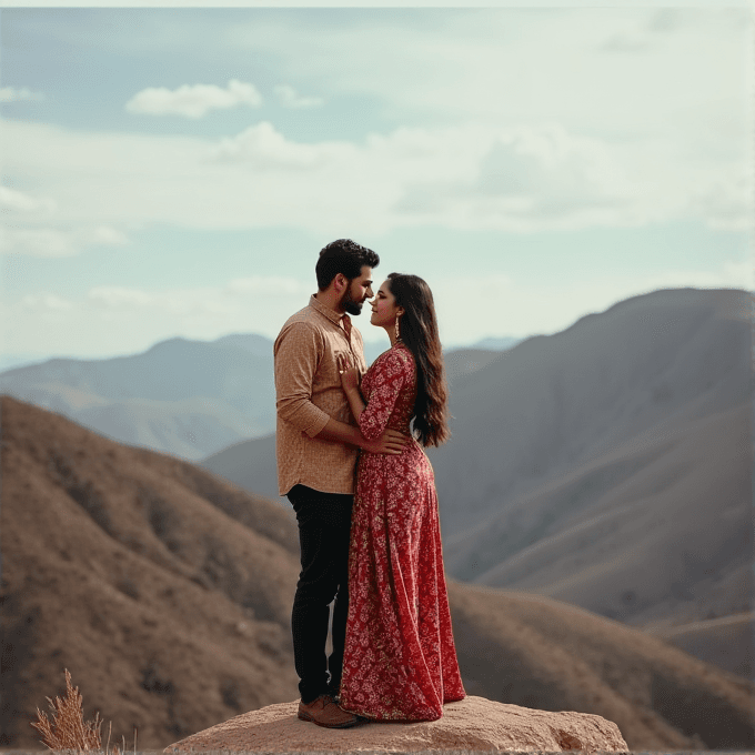 A couple stands on a rocky ledge, embracing in front of rolling hills under a cloudy sky.