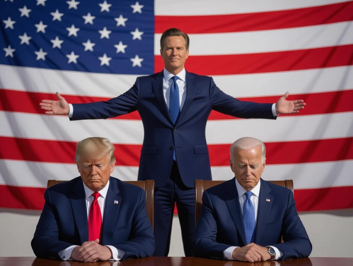 Photo depicts a powerful political scene. Donald Trump and Joe Biden sit side by side with sad expressions in dark suits. Gavin Newsom stands behind with arms outstretched in a confident pose. A large American flag fills the background. Strong lighting creates dramatic shadows highlighting facial features and textures. Scene conveys political power shift.